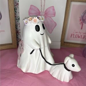 Whimsical New Halloween Girl Ghost Walking Dog Goblin & Ghoul